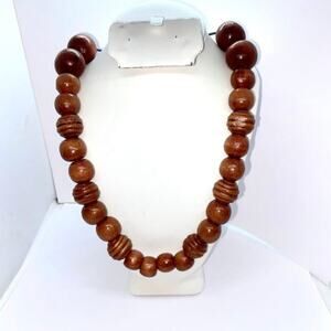 Handmade Wooden Beaded Necklace Cherry-tone wood